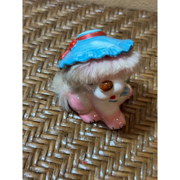 Vintage WALES Ceramic Poodle Figurine With Faux Fur & Blue Hat Made In Japan - Picture 2 of 7
